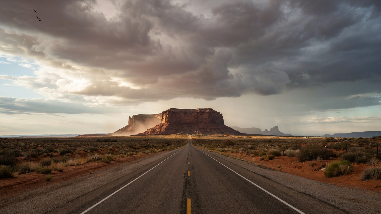 An empty two-lane road runs straight through red desert scrub to a red rock mesa under heavy storm clouds, with low sun breaking through on the left.