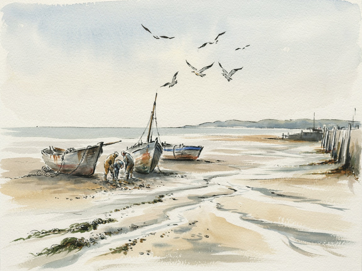 An ink and watercolour sketch of three fishing boats resting on wet sand at low tide, with gulls overhead and pale blue and ochre washes.