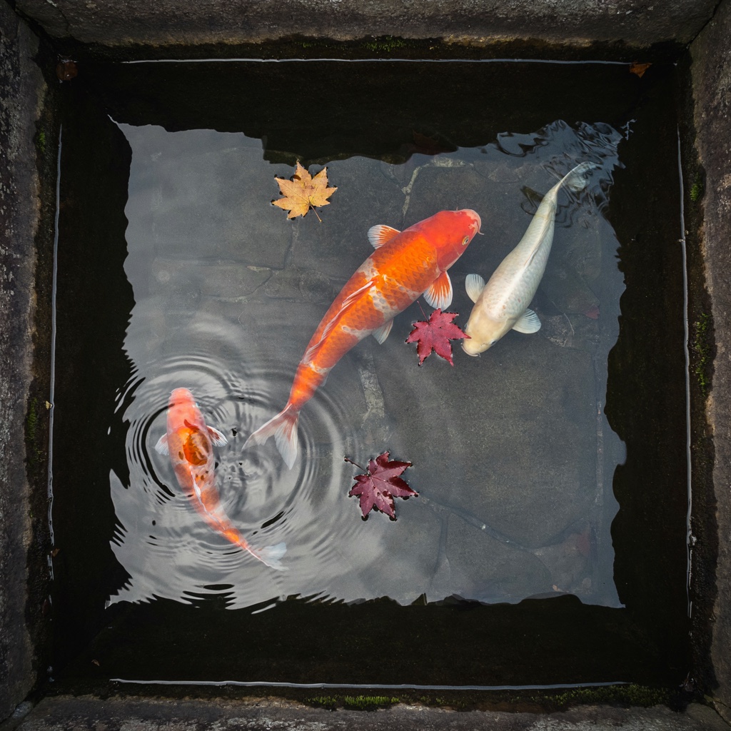 Three koi, two orange and white and one pale, swim in a square stone pond seen from above, with three fallen maple leaves on the water.