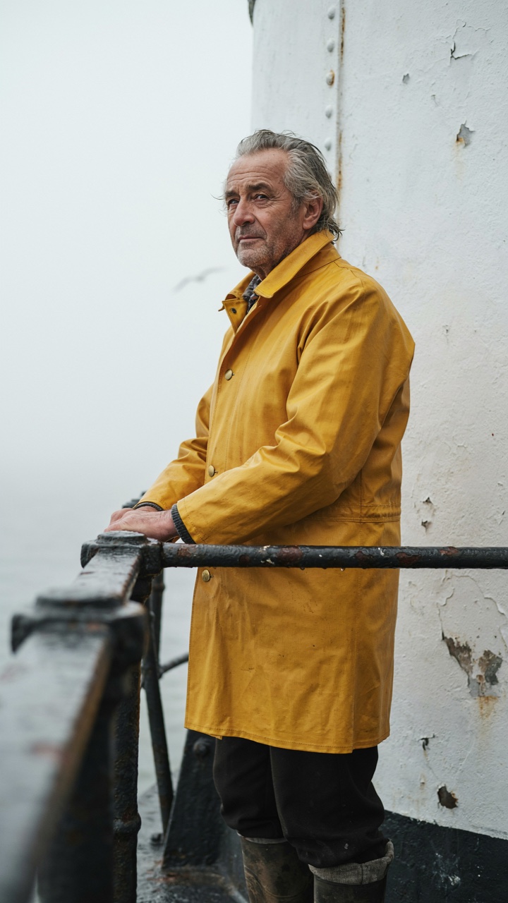 An elderly man with grey hair in a yellow oilskin coat rests his hands on an iron rail beside a white lighthouse wall in thick mist.