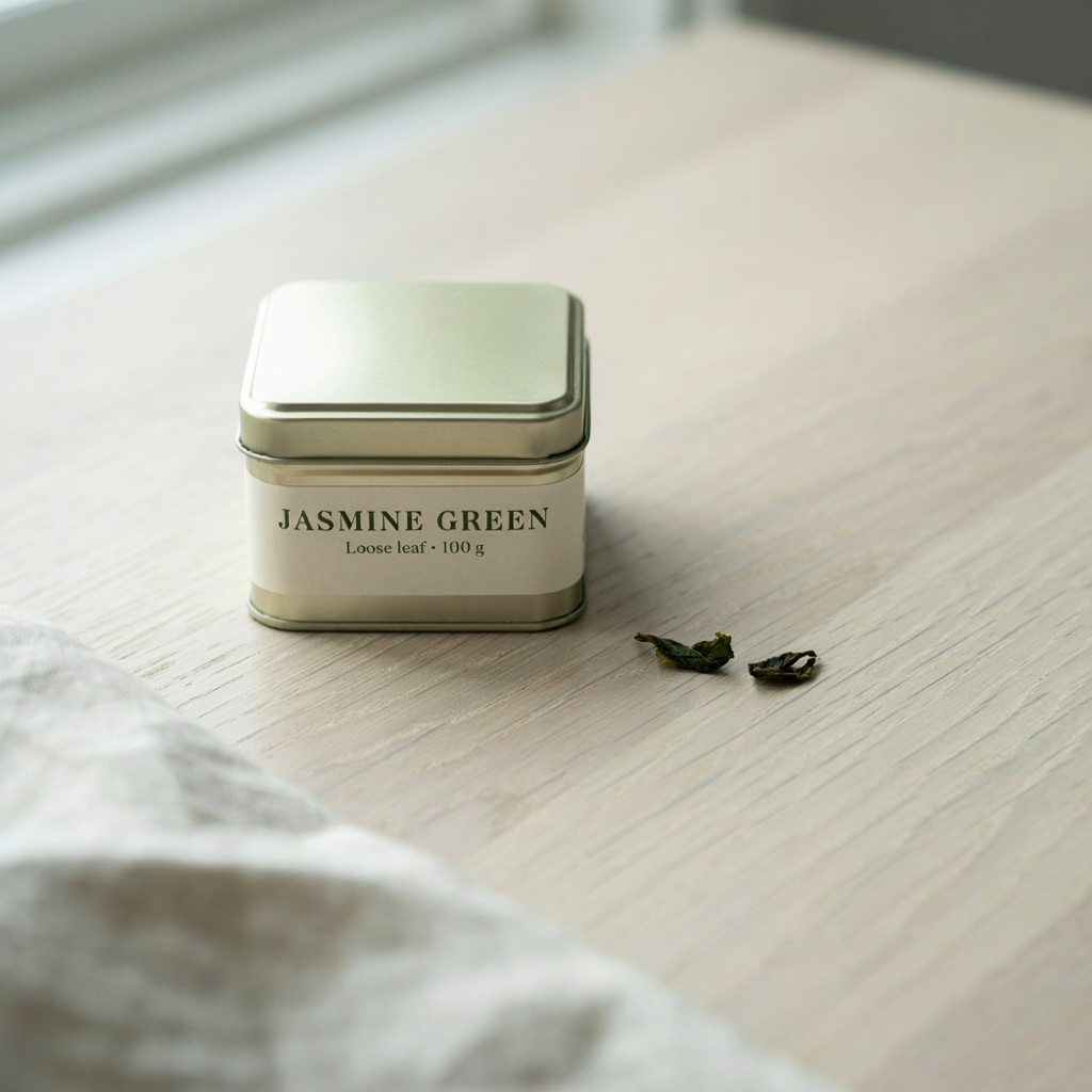 A square pale green tea tin on a pale wooden table, its cream label reading JASMINE GREEN and Loose leaf 100 g in dark green type.